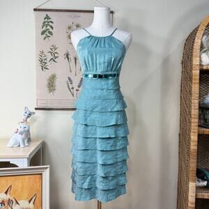 90s Y2k Blue Tiered Ruffle Beaded Sequin Tie Back Dress Mermaid McBling Party S